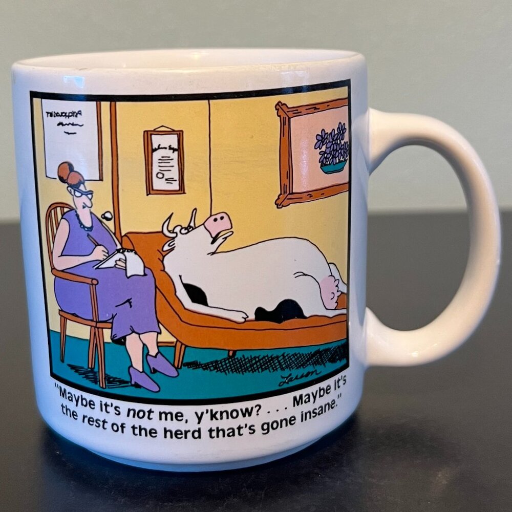 Vintage THE FAR SIDE Gary Larson ~ Cow on Psychiatrist's Couch Ceramic Mug 1988